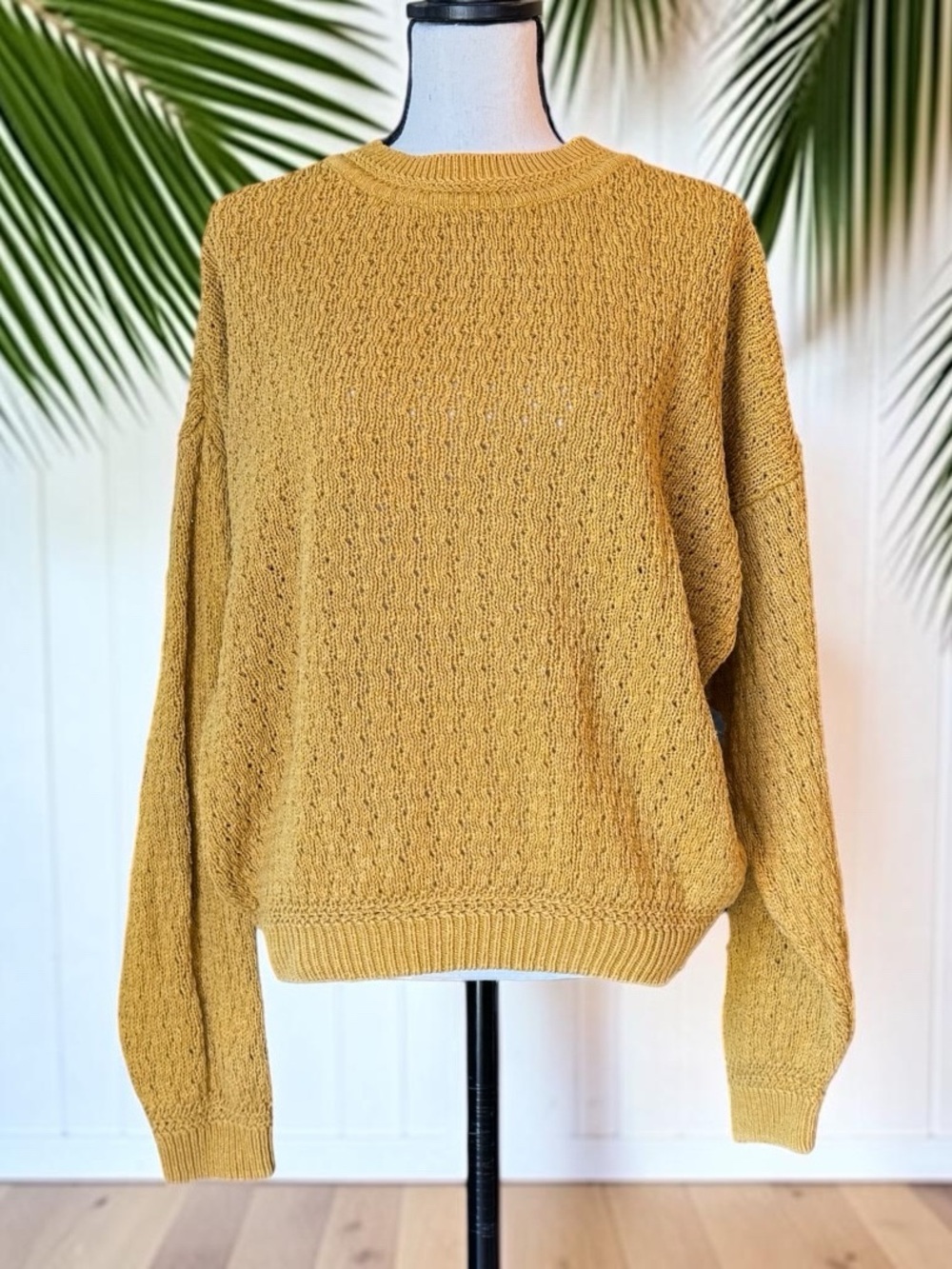 Vintage Studio Ramie Cotton Textured Knit Sweater Mustard Yellow Size Large